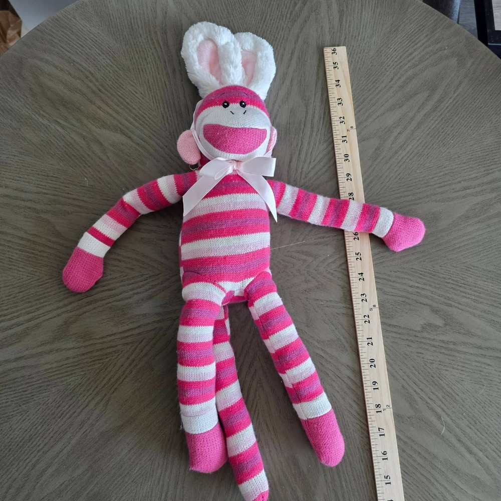 Ganz Heritage Collection Pink Striped Sock Monkey Bunny Ears Plush 21" Retired - Picture 8 of 8